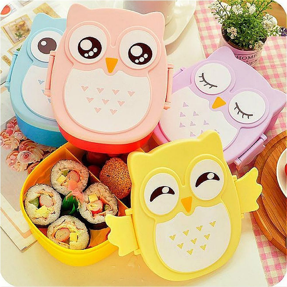 Colorful owl-themed kids lunch box from Everything Baby, portable bento box with compartments for kids' food storage and pretend play.