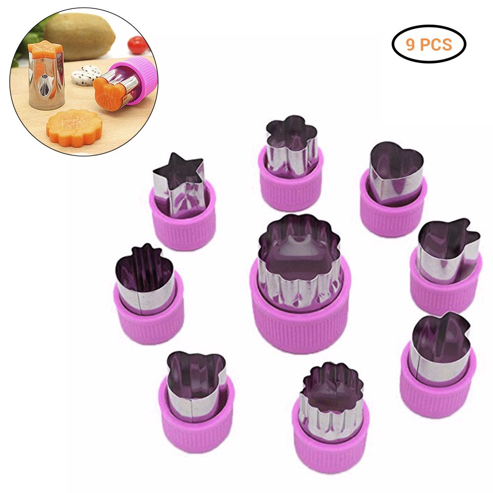 Set of 9 cartoon-shaped fruit and vegetable cutter molds for baking, cake decorating, and pastry shaping by Everything Baby.