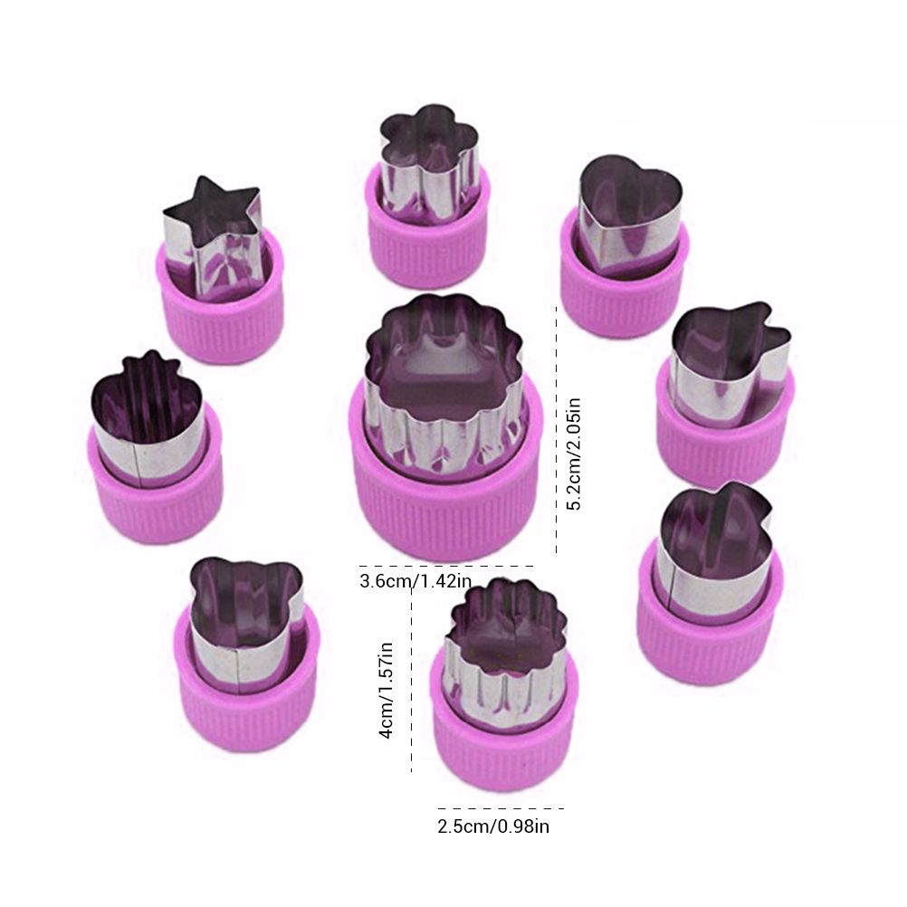Set of 9 cartoon fruit and vegetable cutter molds for baking, cake decorating, and fondant shaping, ideal for kids' food presentation.