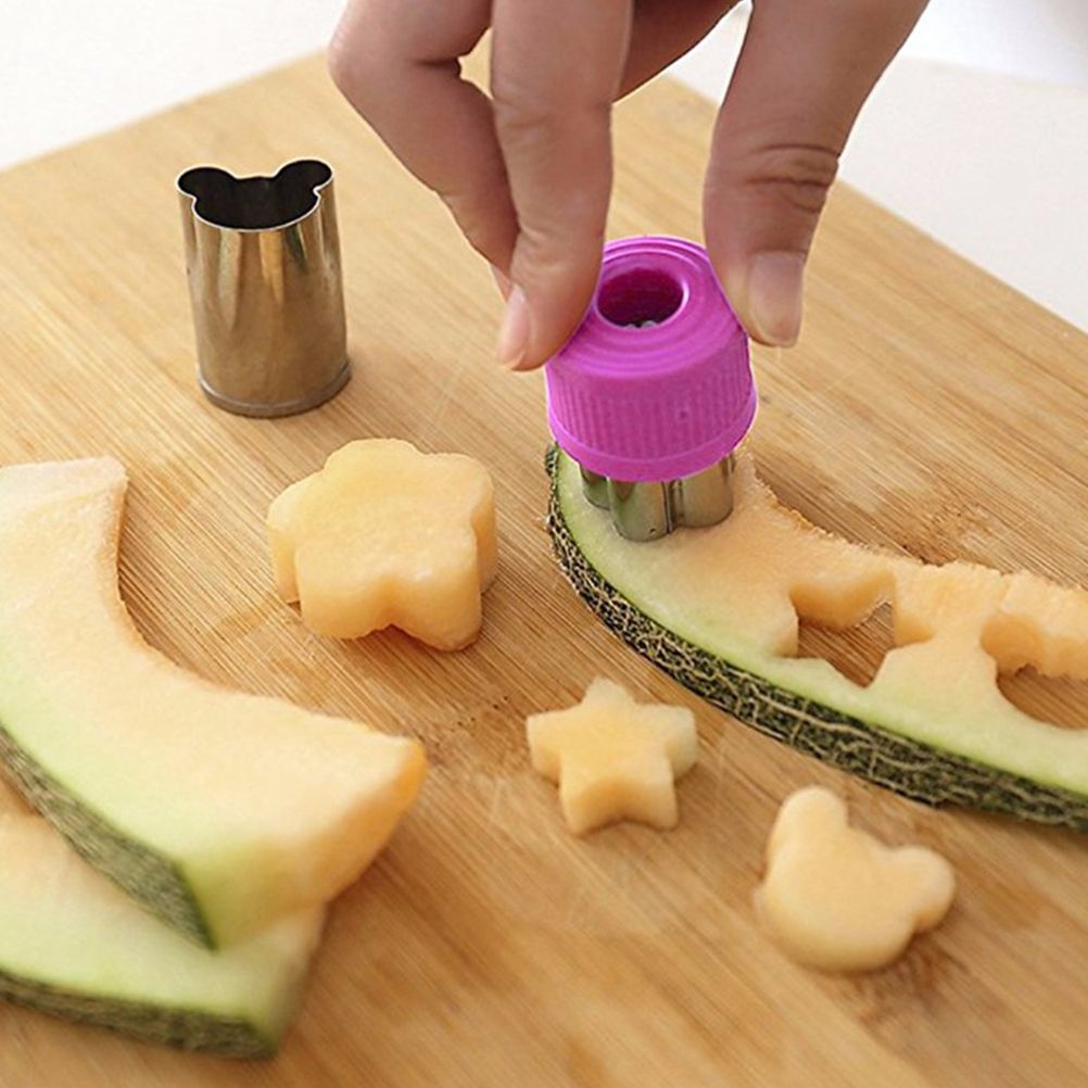 Set of 9 cartoon-themed fruit and vegetable cutter molds for baking, cake decorating, and pastry shaping by Everything Baby.