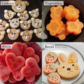 Set of 9 colorful fruit and vegetable cutter molds with cartoon flower shapes for baking, fondant, and pastry decorating.