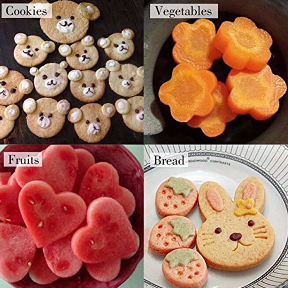 Set of 9 colorful fruit and vegetable cutter molds with cartoon flower shapes for baking, fondant, and pastry decorating.