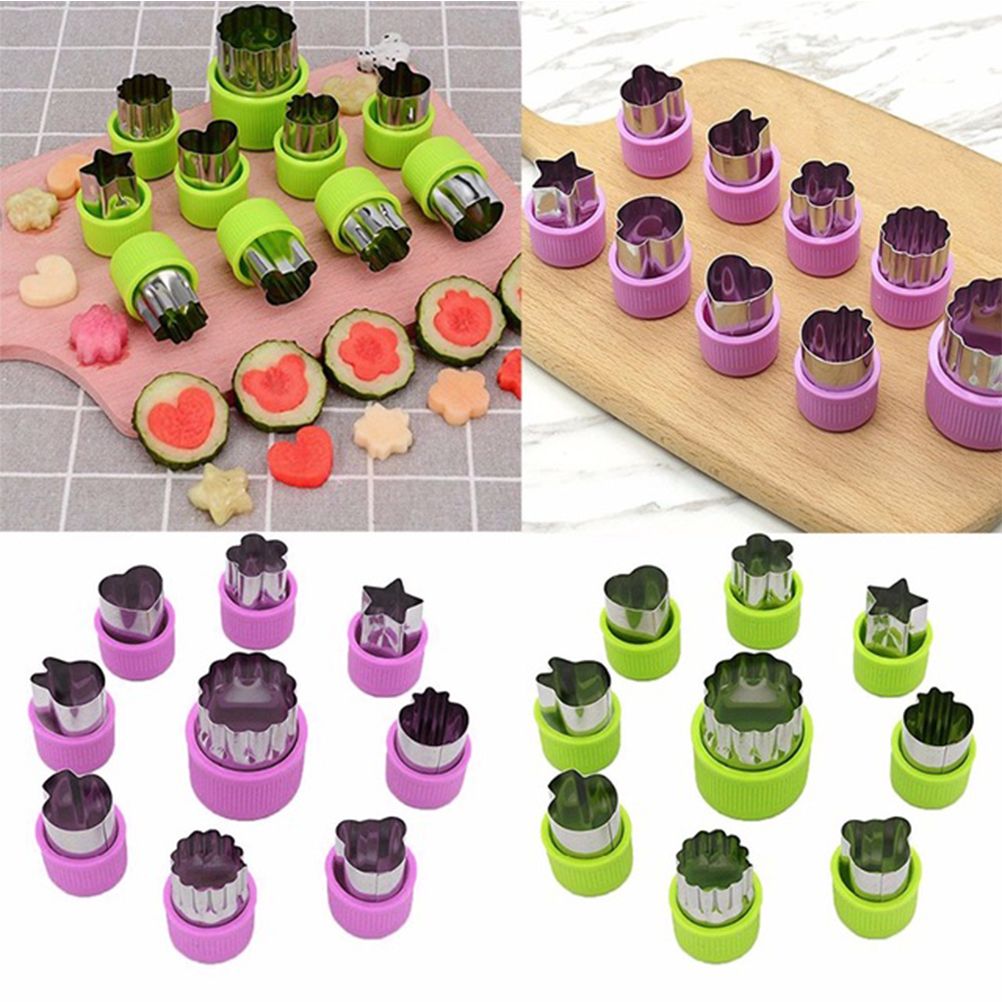 Set of 9 cartoon fruit and vegetable cutter molds for baking, cake decorating, and pastry shaping by Everything Baby.