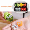 Set of 9 colorful cartoon fruit and vegetable cutter molds for baking, fondant, and biscuit shaping, ideal for kids' cake decorating.