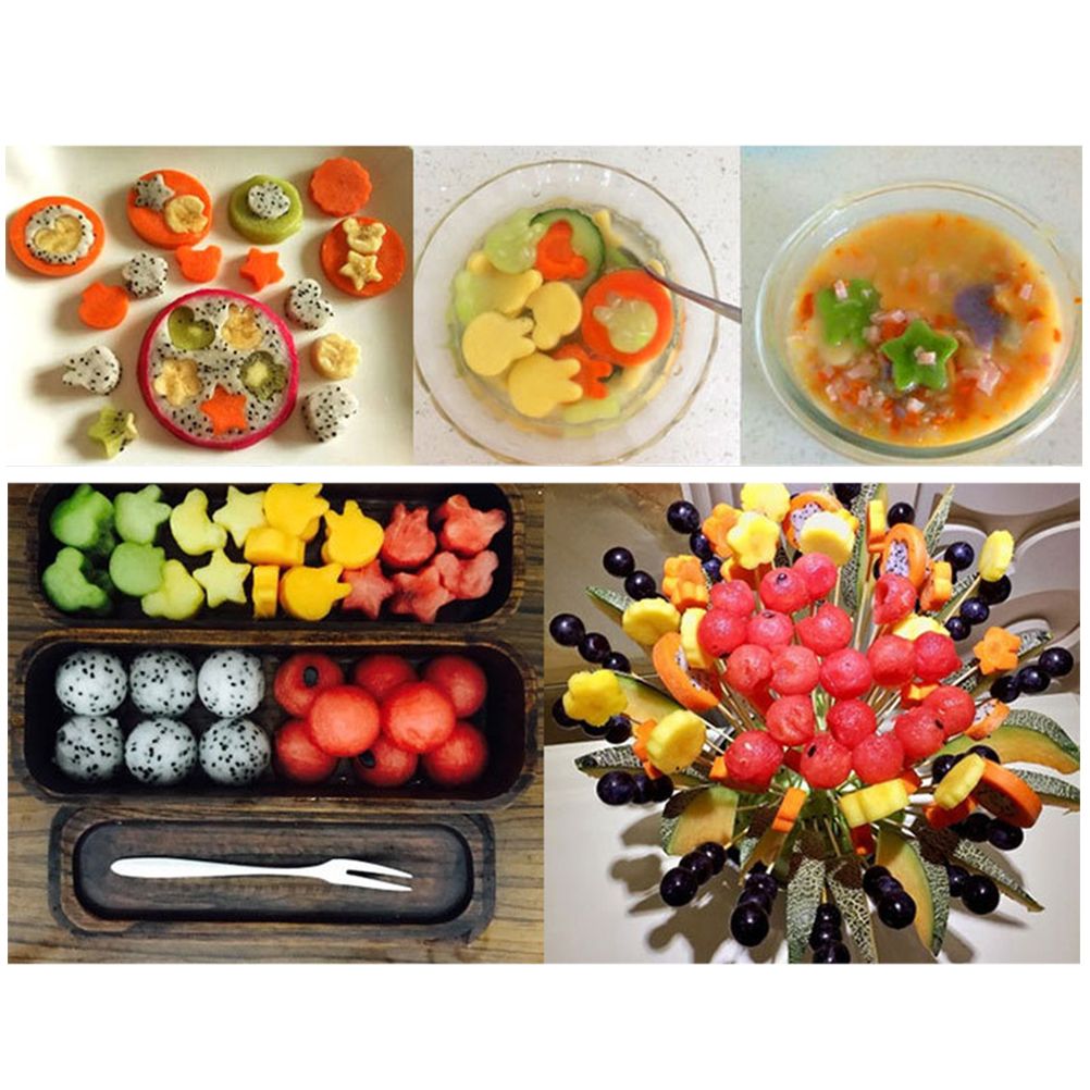 Set of 9 cartoon fruit and vegetable cutter molds for baking, cake decorating, and pastry shaping, ideal for kids’ treats and fondant.