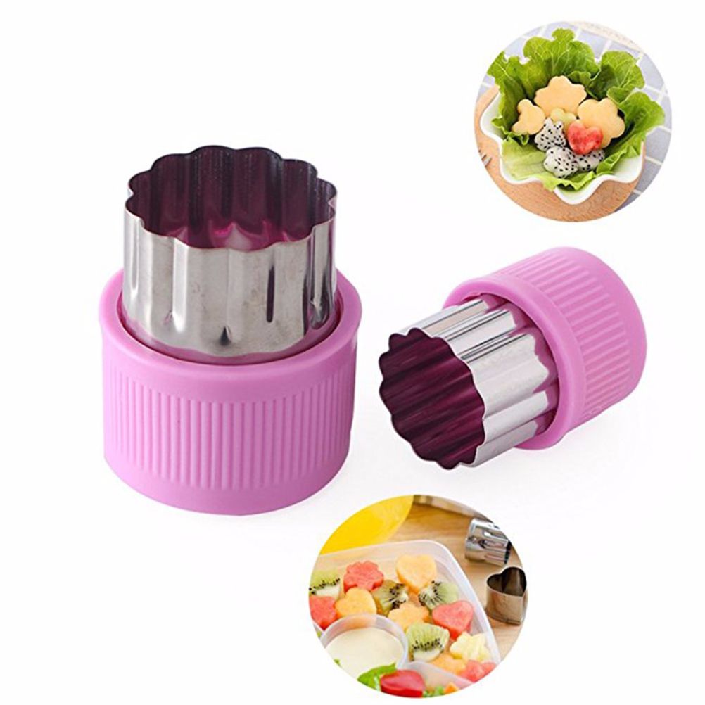 Set of 9 colorful fruit and vegetable cutter molds featuring cartoon, flower, and shape designs for baking and fondant decorating.