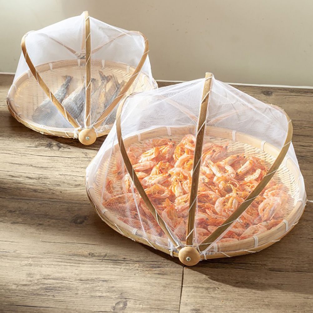 Natural bamboo food serving tent with mesh cover, designed for kids' pretend play food storage and meal table use.