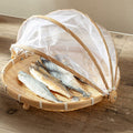 Bamboo food serving tent with mesh cover for baby and kids pretend play, handcrafted tray for meal table or food storage.