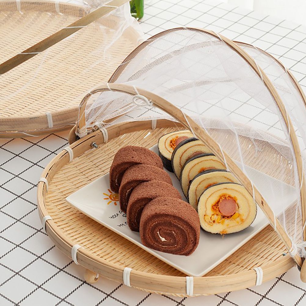 Natural bamboo food serving tent with mesh cover, ideal for pretend play and meal presentation in baby and kid's toy set.