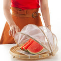 Natural bamboo food serving tent with mesh cover, perfect for pretend play and food storage in baby and kids' toy set.