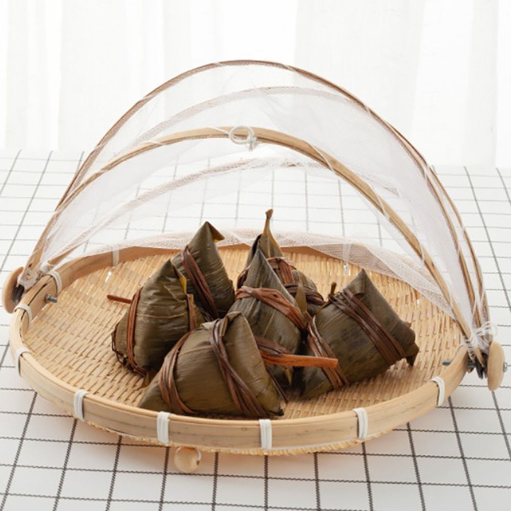 Natural bamboo food serving tent with mesh cover, perfect for pretend play and meal service in baby and kid's toy set.