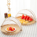 Natural bamboo food serving tent with mesh cover, handcrafted baby and kid's pretend play tray for meal and food storage.