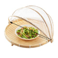 Natural bamboo food serving tent with mesh cover, handcraft tray for pretend play, ideal for kids' toy food storage and meal presentation