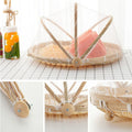 Natural bamboo food serving tent with mesh cover, designed for pretend play, ideal for baby and kid's toy food storage and serving.