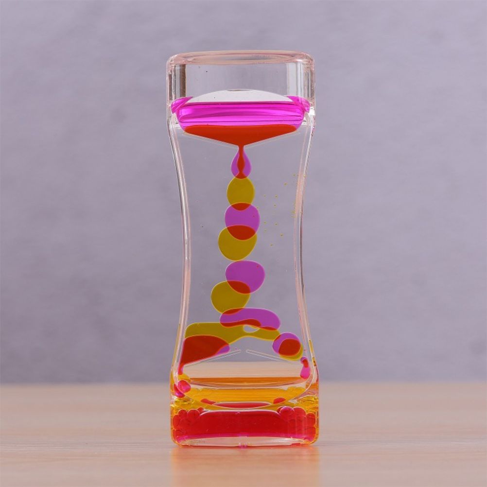 Colorful liquid motion timer toy for kids and adults, featuring flowing bubbles and oil-filled hourglass design for sensory play.