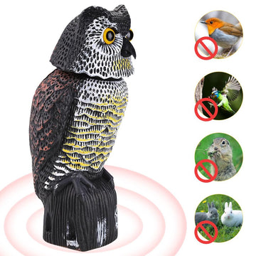 Horned Owl Decoy and 360° Rotating Head Owl Statue to Scare Birds Away for Patio Yard Garden