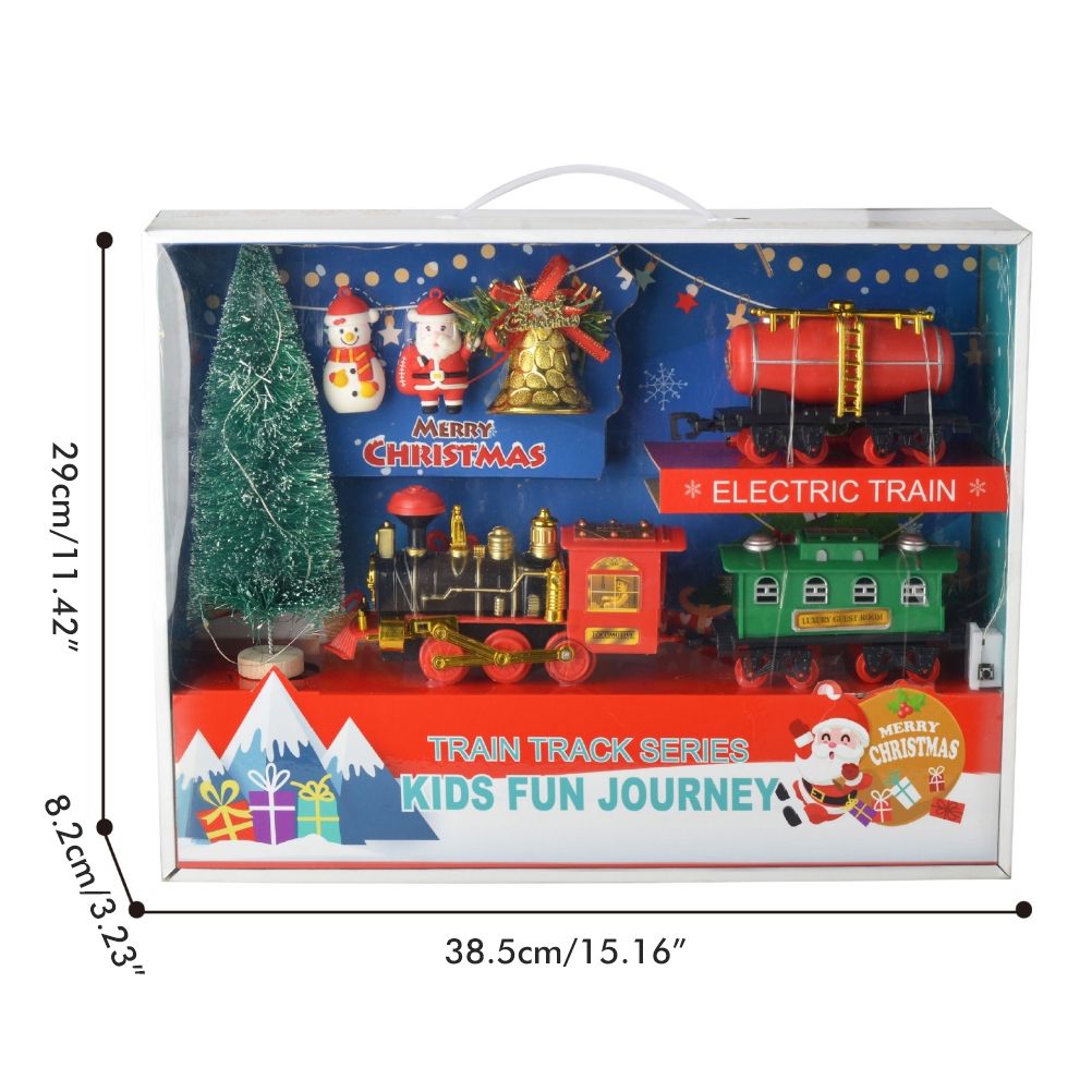 Electric Christmas train set with lights, music, and battery-operated railway tracks, designed for kids by Everything Baby.