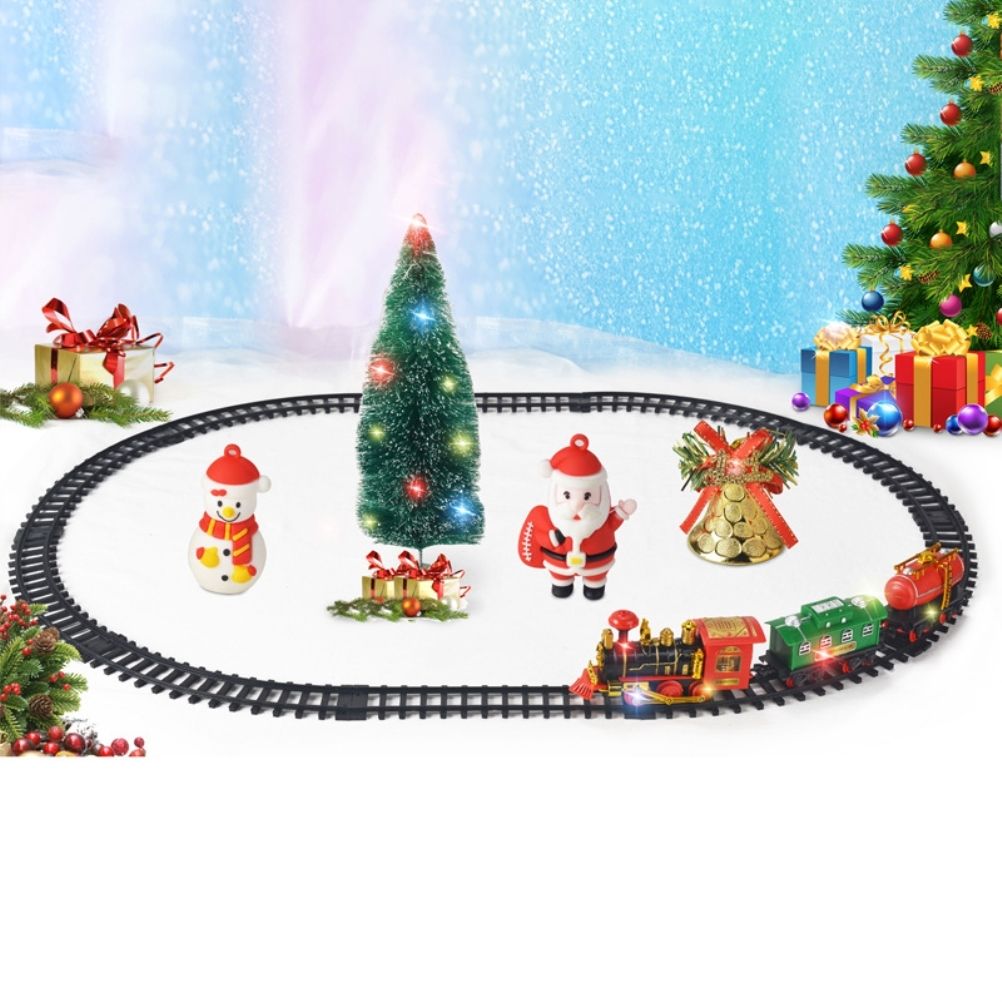 Electric Christmas train set with lights and music on railway tracks, battery-operated ride-on toy for kids by Everything Baby.
