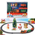 Electric Christmas train set with lights and music, battery-operated ride-on toy for kids, featuring railway tracks and festive design.
