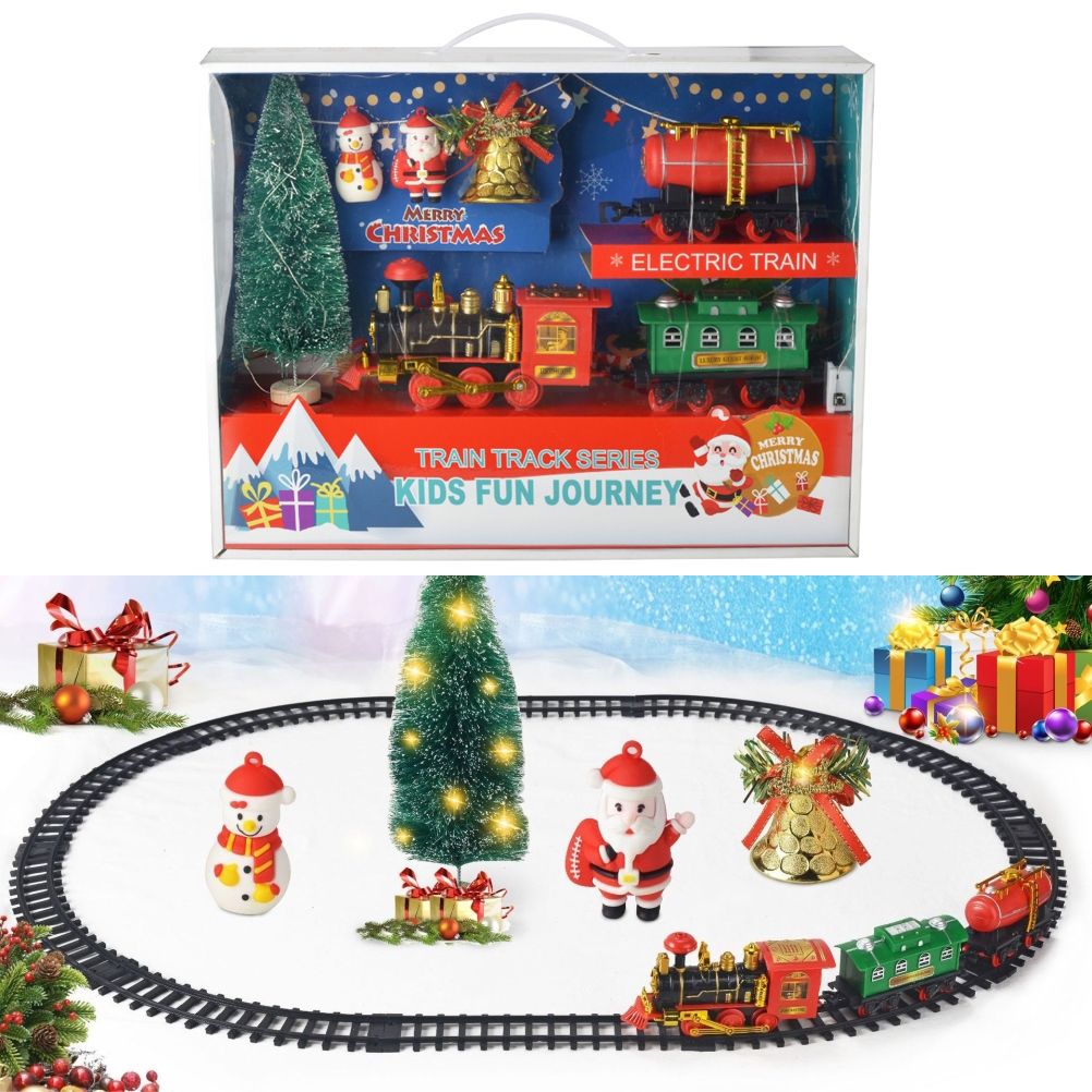 Electric Christmas train set with lights and music, battery-operated ride-on toy for kids, featuring railway tracks and festive design.