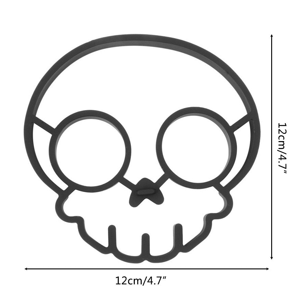 Silicone funny skeleton head fried egg mold for creative pancake shapes, ideal for kids' pretend play breakfast making.