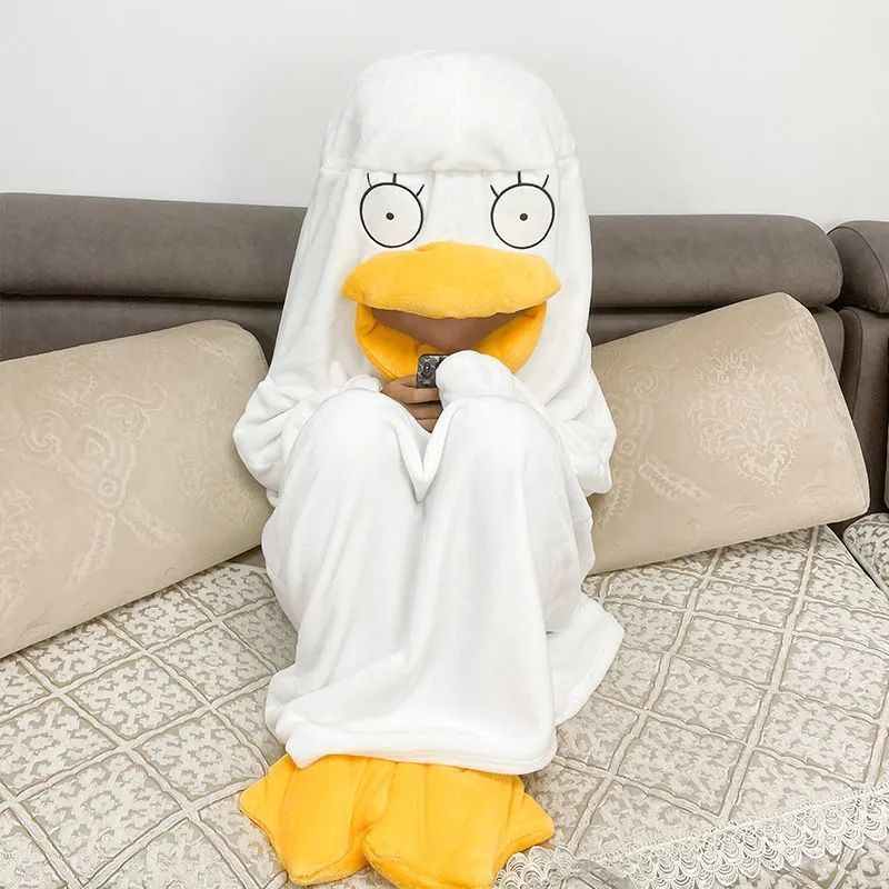 Baby girl wearing a duck-shaped cosplay costume one-piece pajamas, cute and cozy sleepwear for daily pretend play.