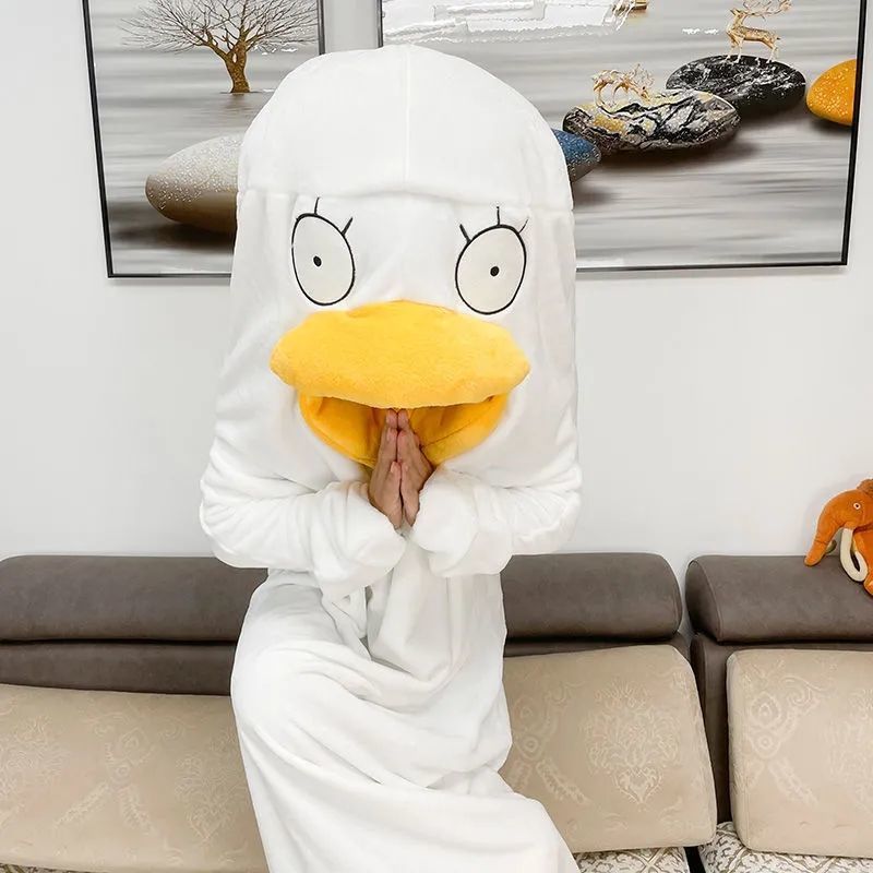 Baby duck cosplay costume one-piece pajamas by Everything Baby featuring a cute duck shape for pretend play and sleepwear.