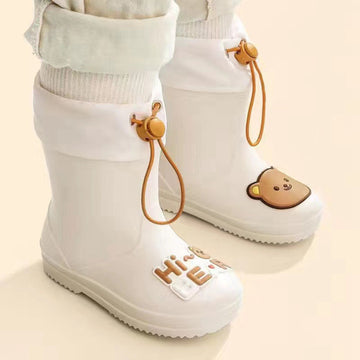 Children's waterproof rain boots by Everything Baby featuring a rice white bear design, anti-slip sole, and drawstring for boys and girls.