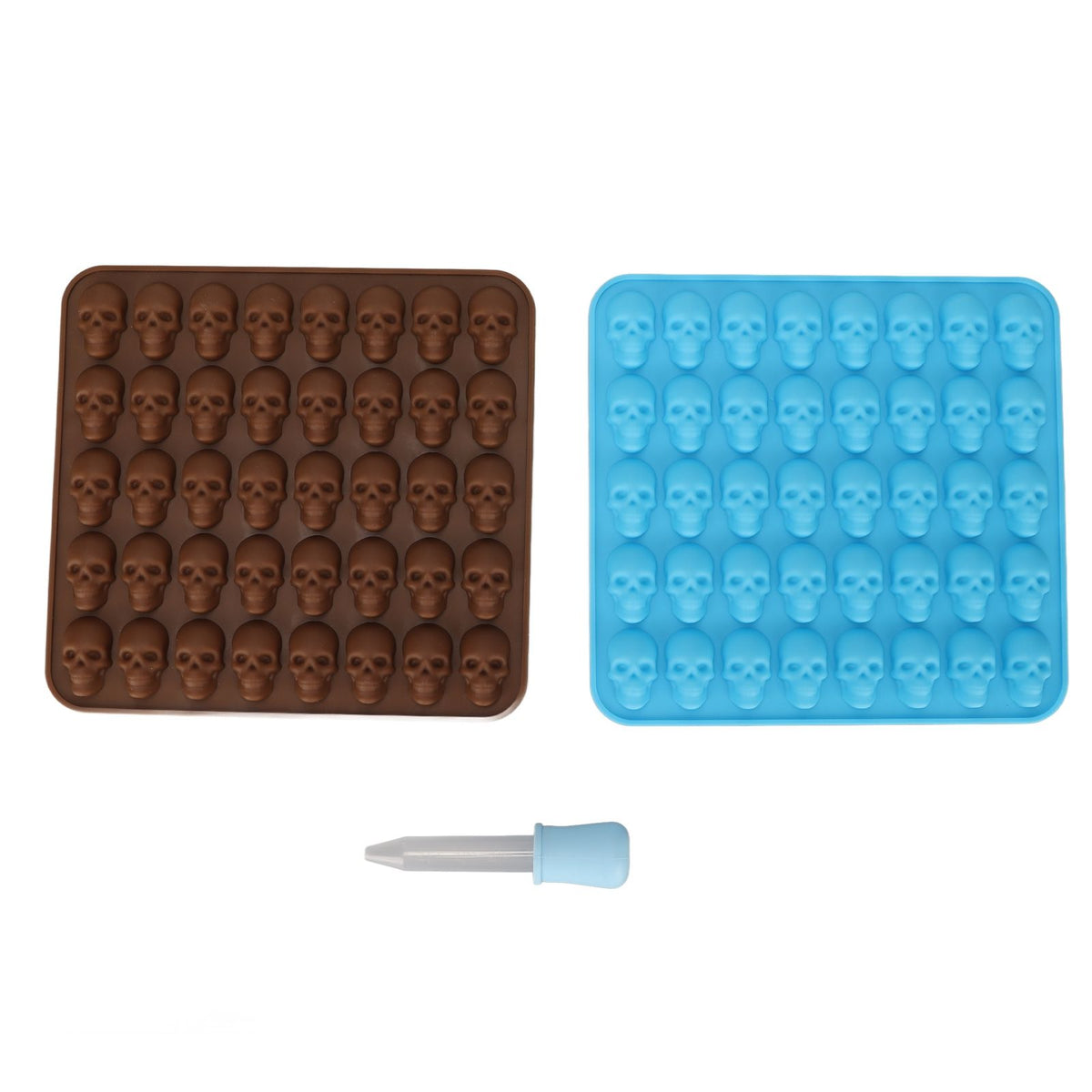 Silicone skull ice cube tray mold in brown and blue, suitable for Halloween decor, desserts, and chocolates.