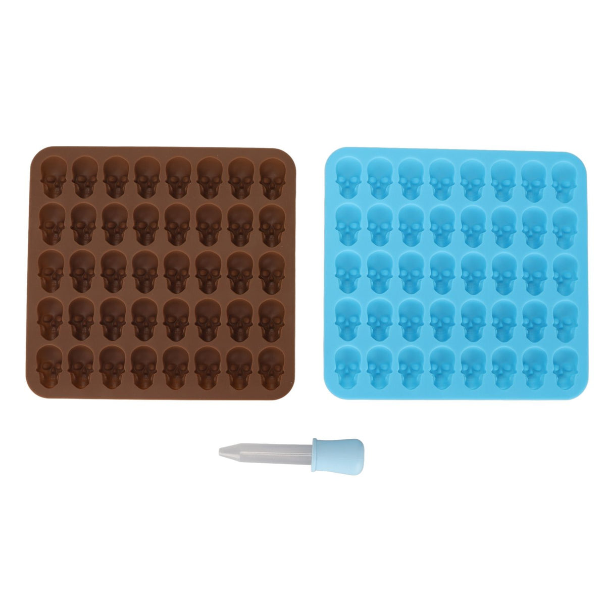Brown and blue skull silicone mold ice cube tray for Halloween decor, desserts, or chocolates, featuring detailed skull designs.