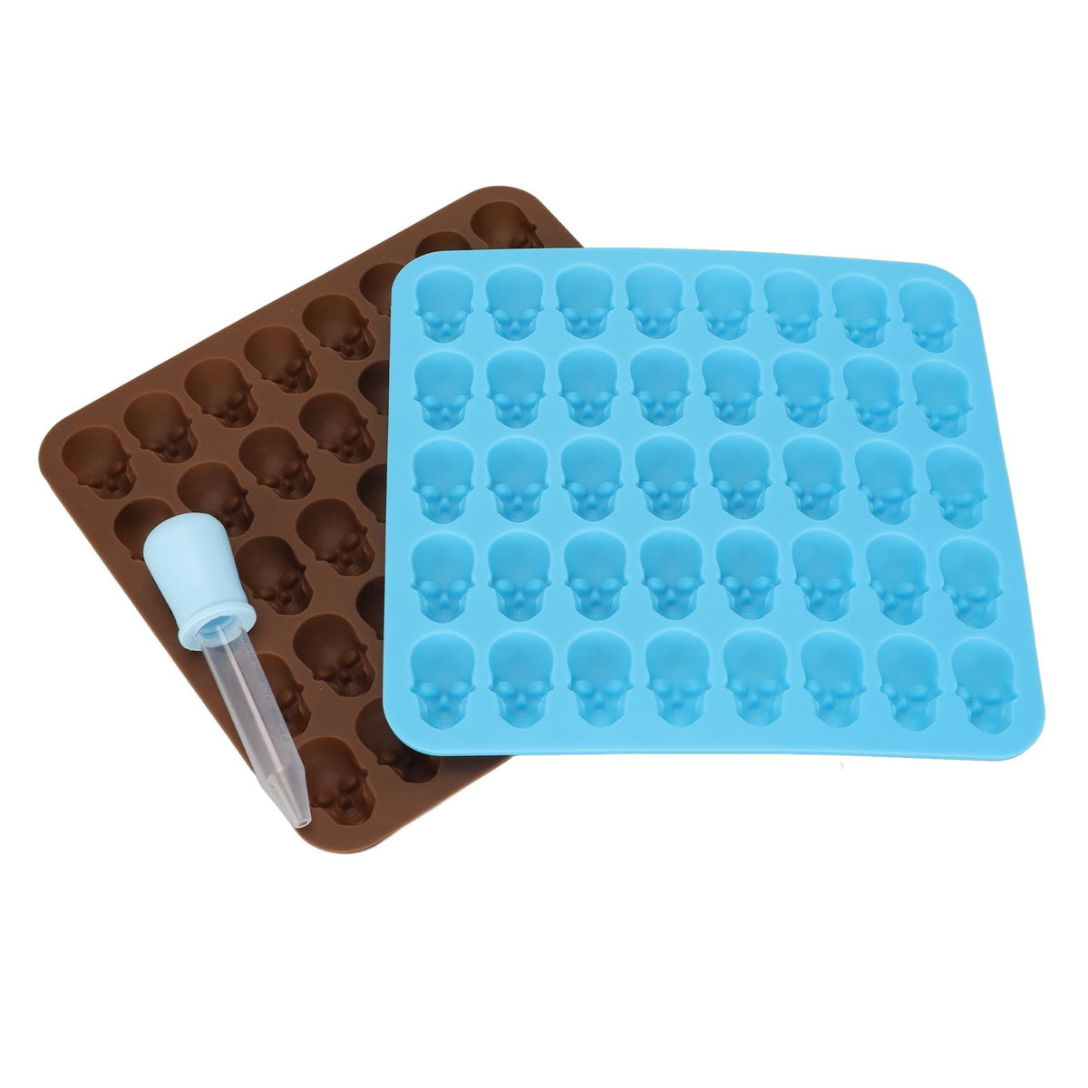Two skull-shaped silicone ice cube trays in brown and blue for Halloween decor, desserts, and chocolates.