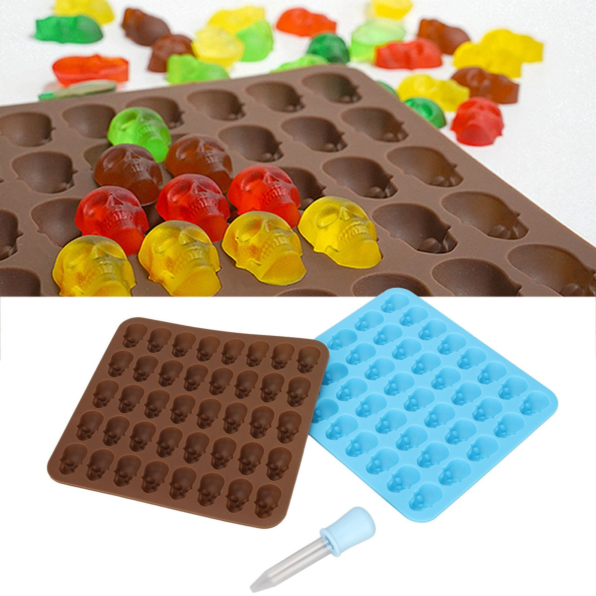 Brown and blue skull silicone mold ice cube tray for Halloween decor, dessert, and chocolate, ideal for kids' themed treats.