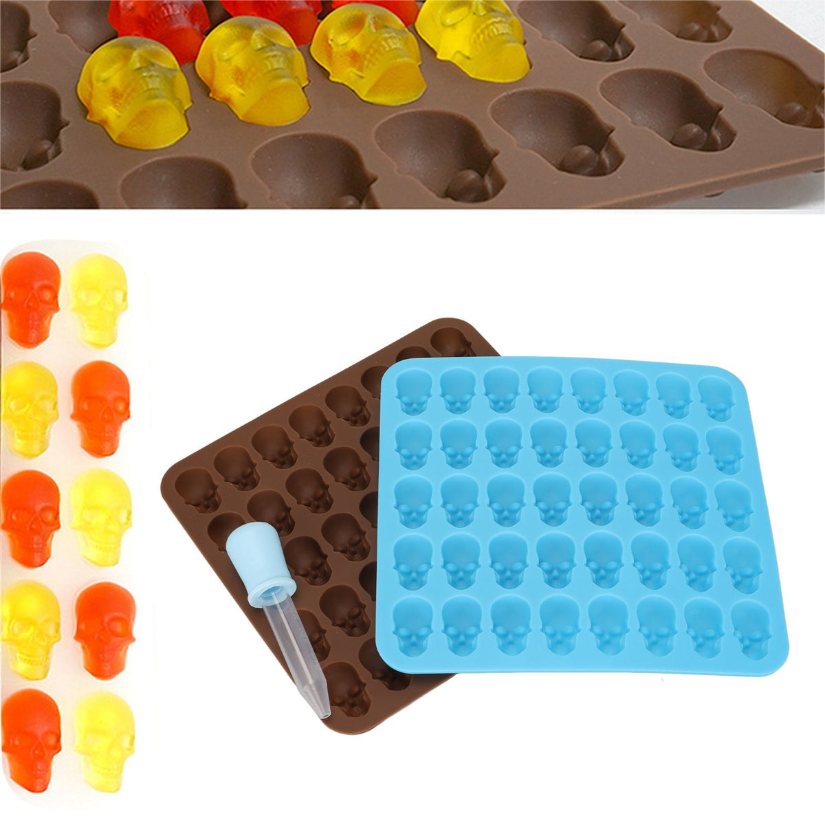 Brown and blue Skull silicone ice cube tray mold for Halloween decor, desserts, or chocolates, ideal for kids and themed parties.