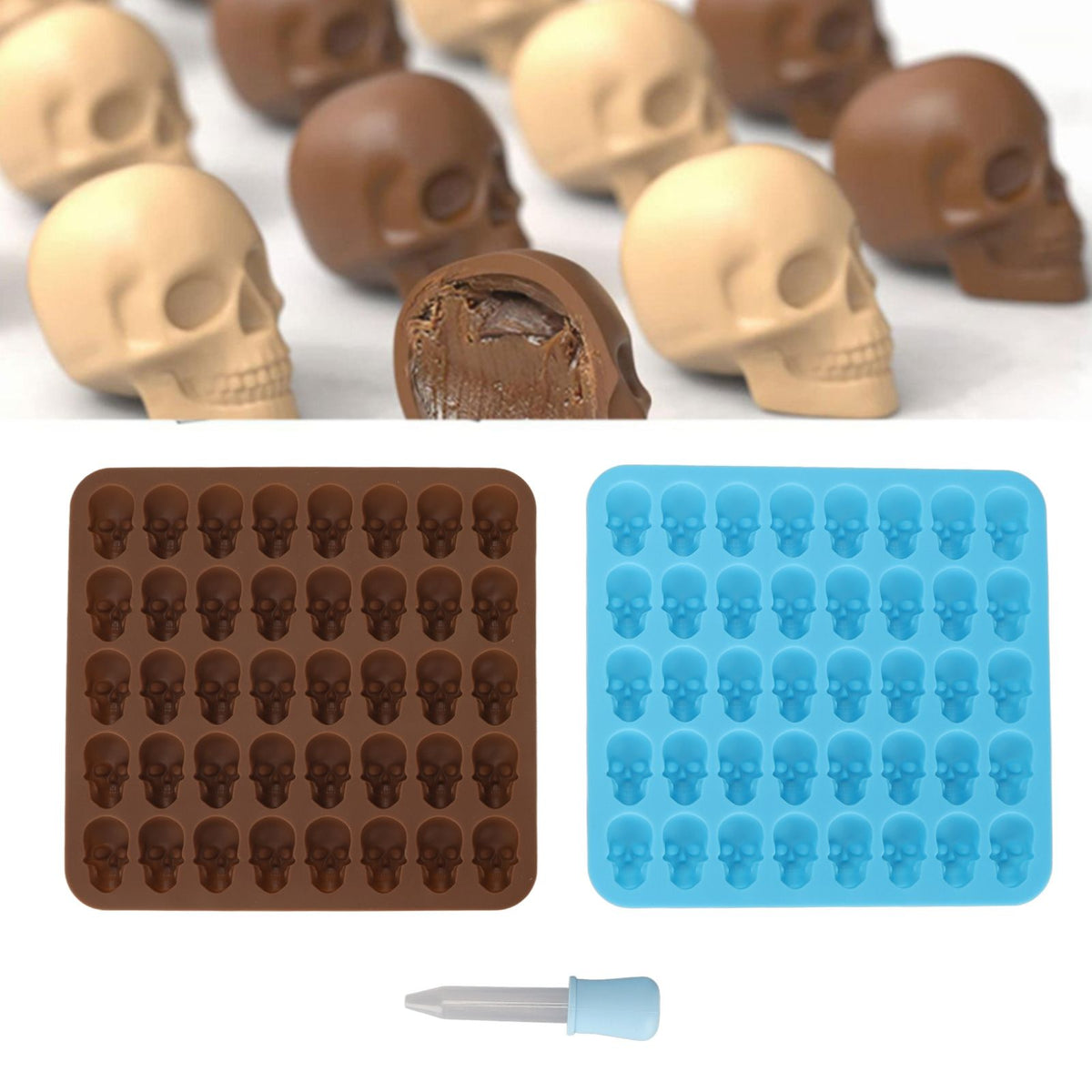 Brown and blue skull silicone mold ice cube tray for Halloween decor, dessert, or chocolate in a set of two.
