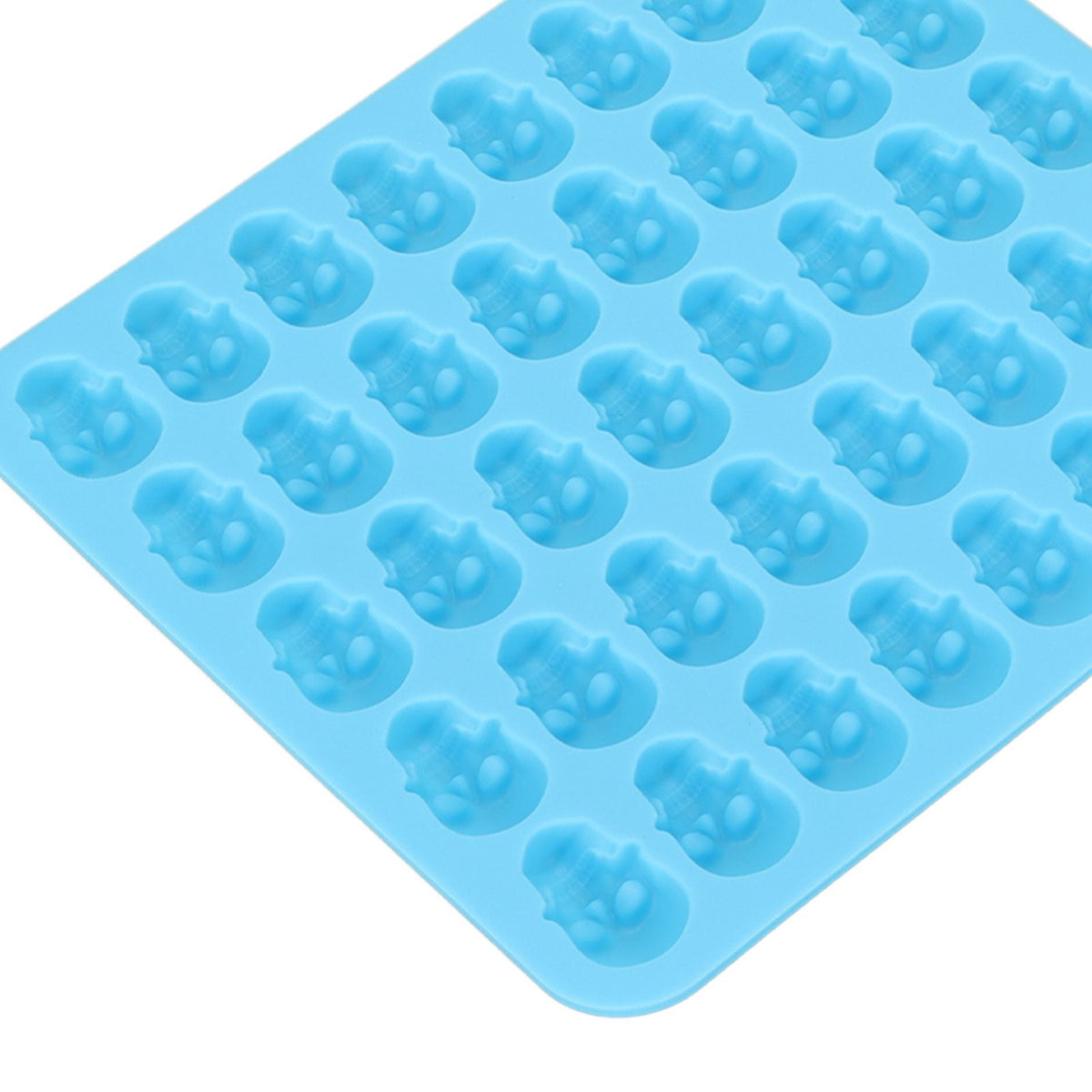 Brown and blue skull silicone mold ice cube tray for Halloween desserts, chocolates, and creative treats.