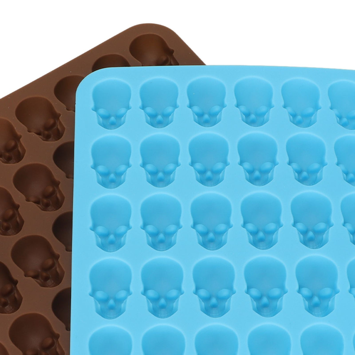Brown and blue skull silicone mold ice cube tray for Halloween decor, desserts, and chocolates.