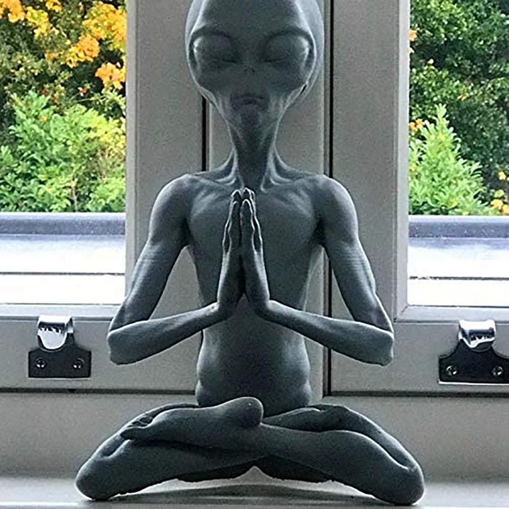 Meditating extraterrestrial garden sculpture by Everything Baby, outdoor lawn decor, suitable for indoor or outdoor home and garden spaces.
