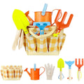 Children's garden tool set with colorful play tools and carrying bag, designed for outdoor garden and beach fun for kids.