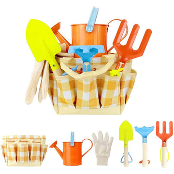 Children's garden tool set with colorful play tools and carrying bag, designed for outdoor garden and beach fun for kids.