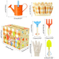 Children's garden play tools set with colorful shovels, rakes, and a carrying bag for outdoor fun and gardening activities.