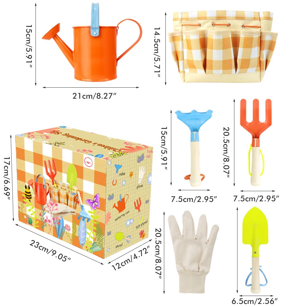 Children's garden play tools set with colorful shovels, rakes, and a carrying bag for outdoor fun and gardening activities.