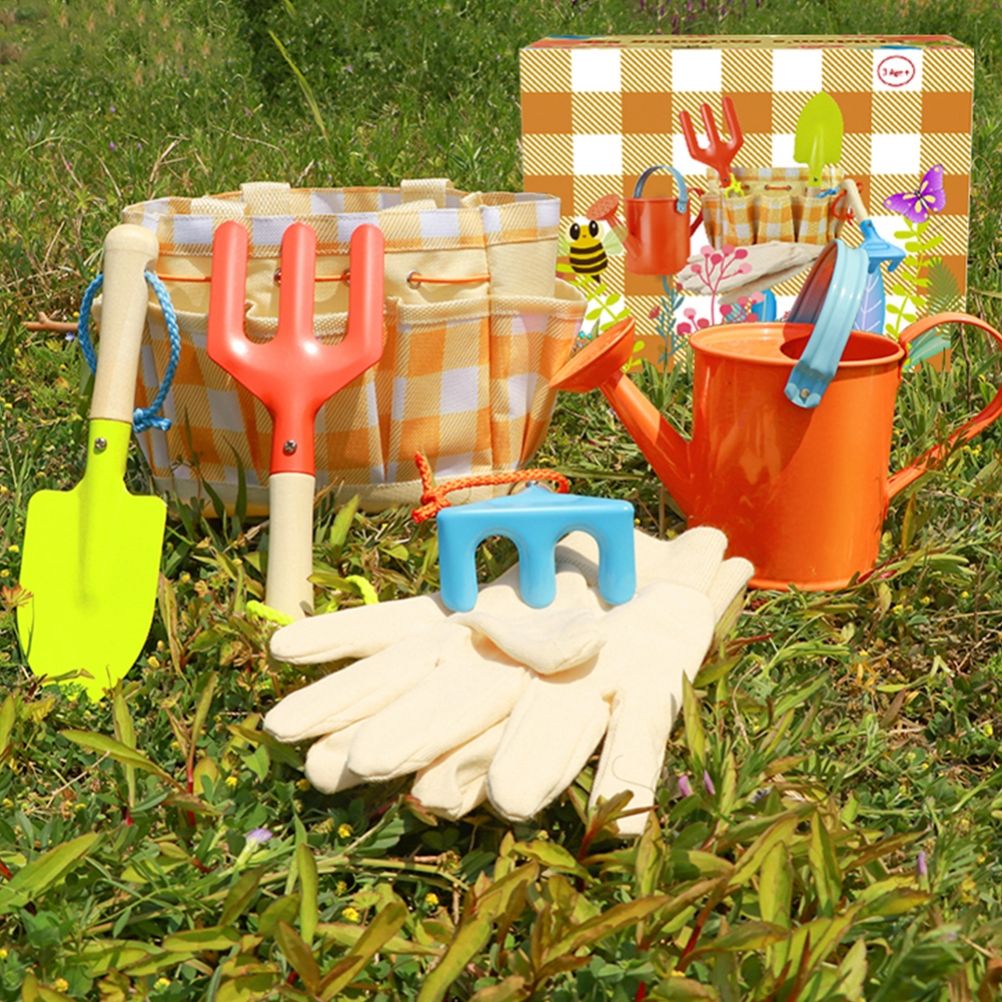 Kids' garden play tools set by Everything Baby with a carrying bag, including shovels, rakes, and watering can for outdoor fun.