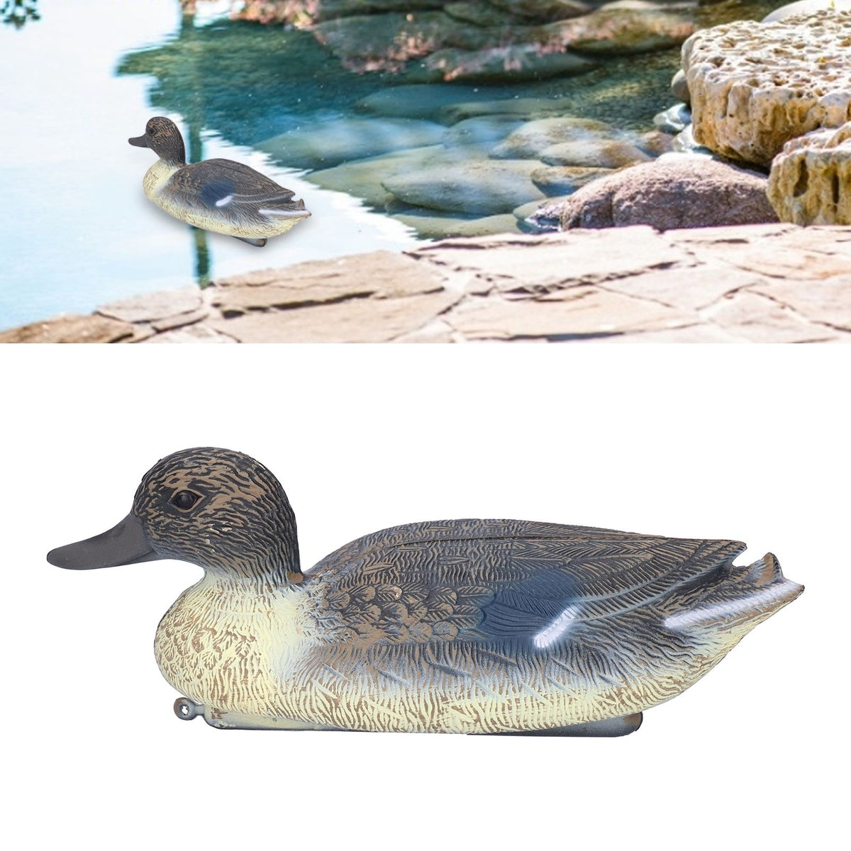 Lifelike plastic duck decoration for garden, 34.5 x 13cm, realistic hunting decoy for outdoor play and garden decor.