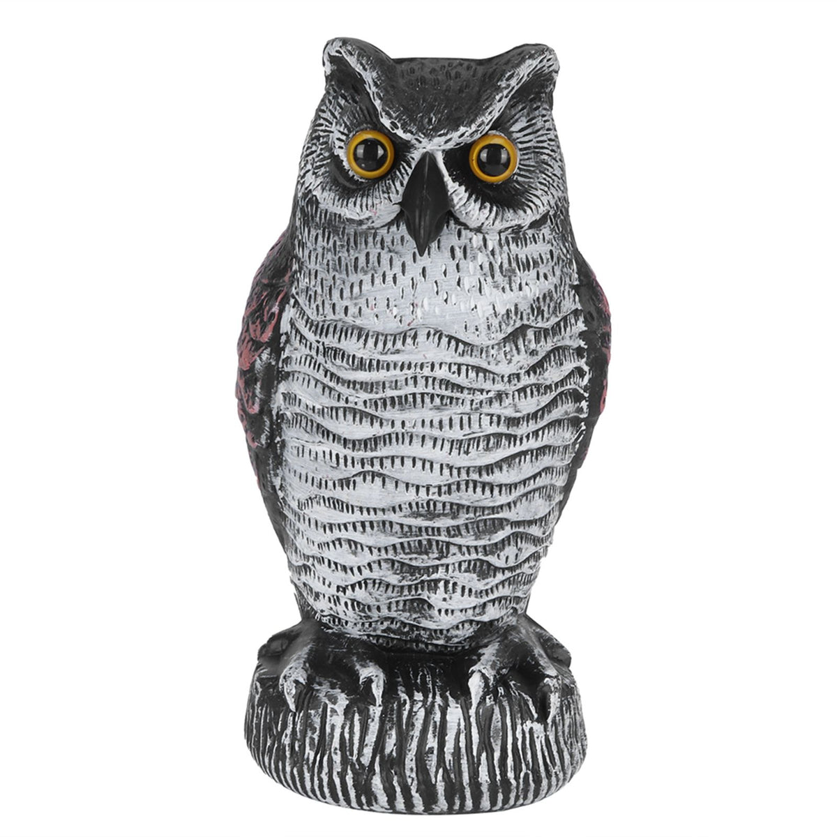Plastic owl statue decoration for outdoor garden, used as a bird repeller and hunting decoy for garden protection.