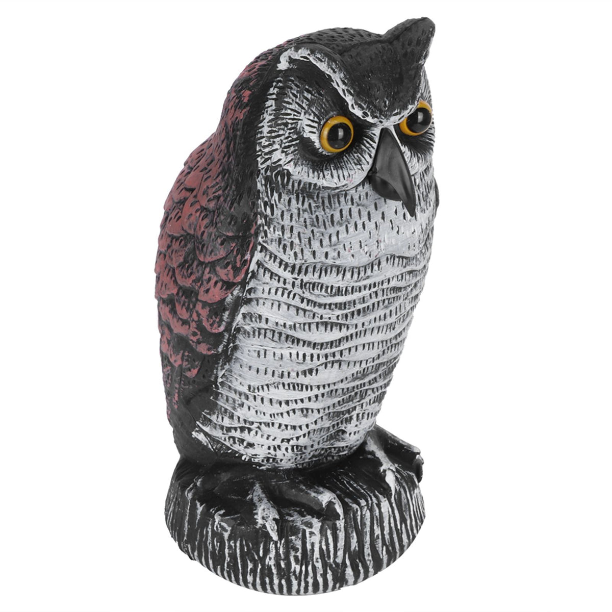 Plastic owl garden decoy for outdoor pest control, realistic simulation decoration, used as hunting decoy in gardens.