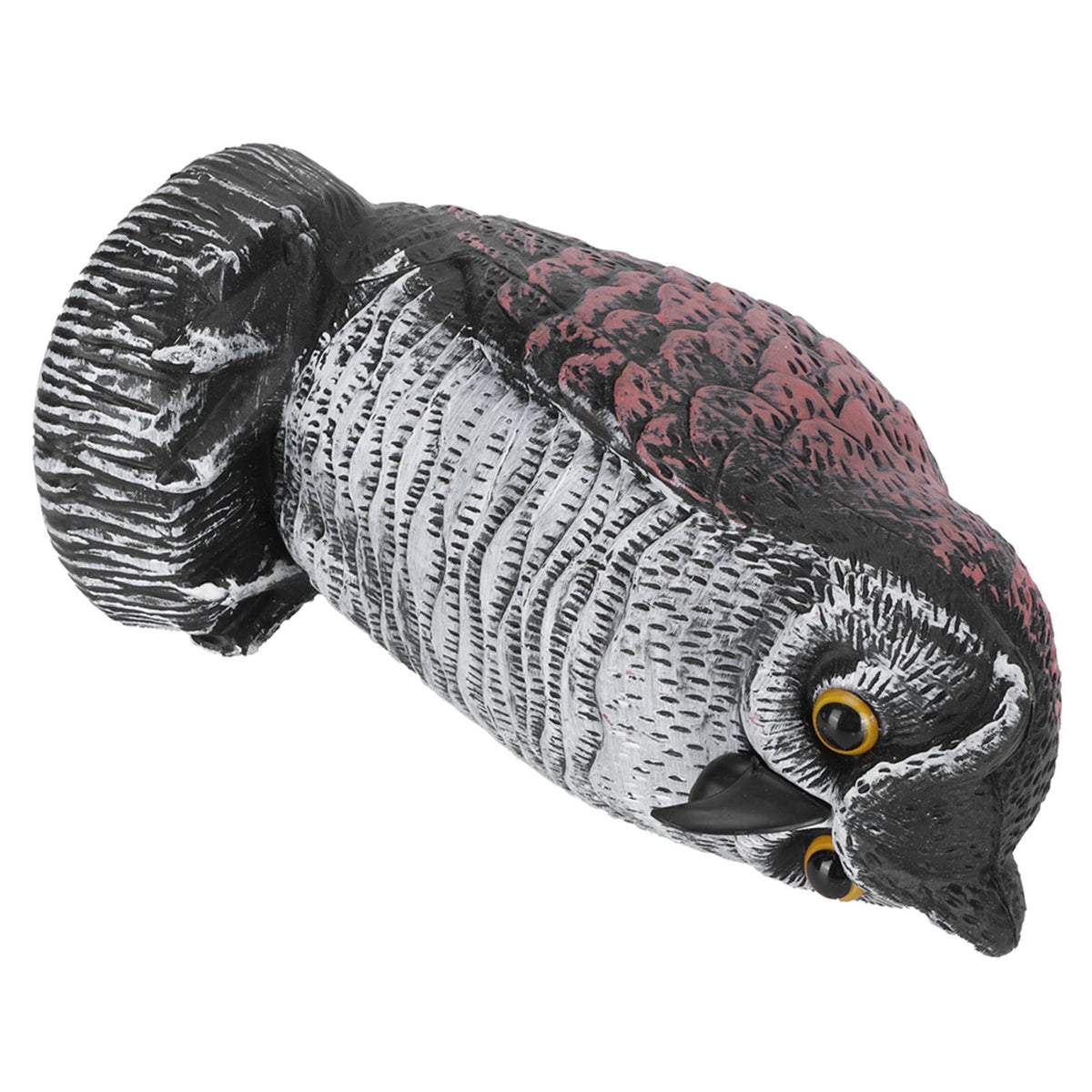 Plastic owl garden decoy statue used as outdoor bird repeller and hunting decoy for garden decoration and pest control.