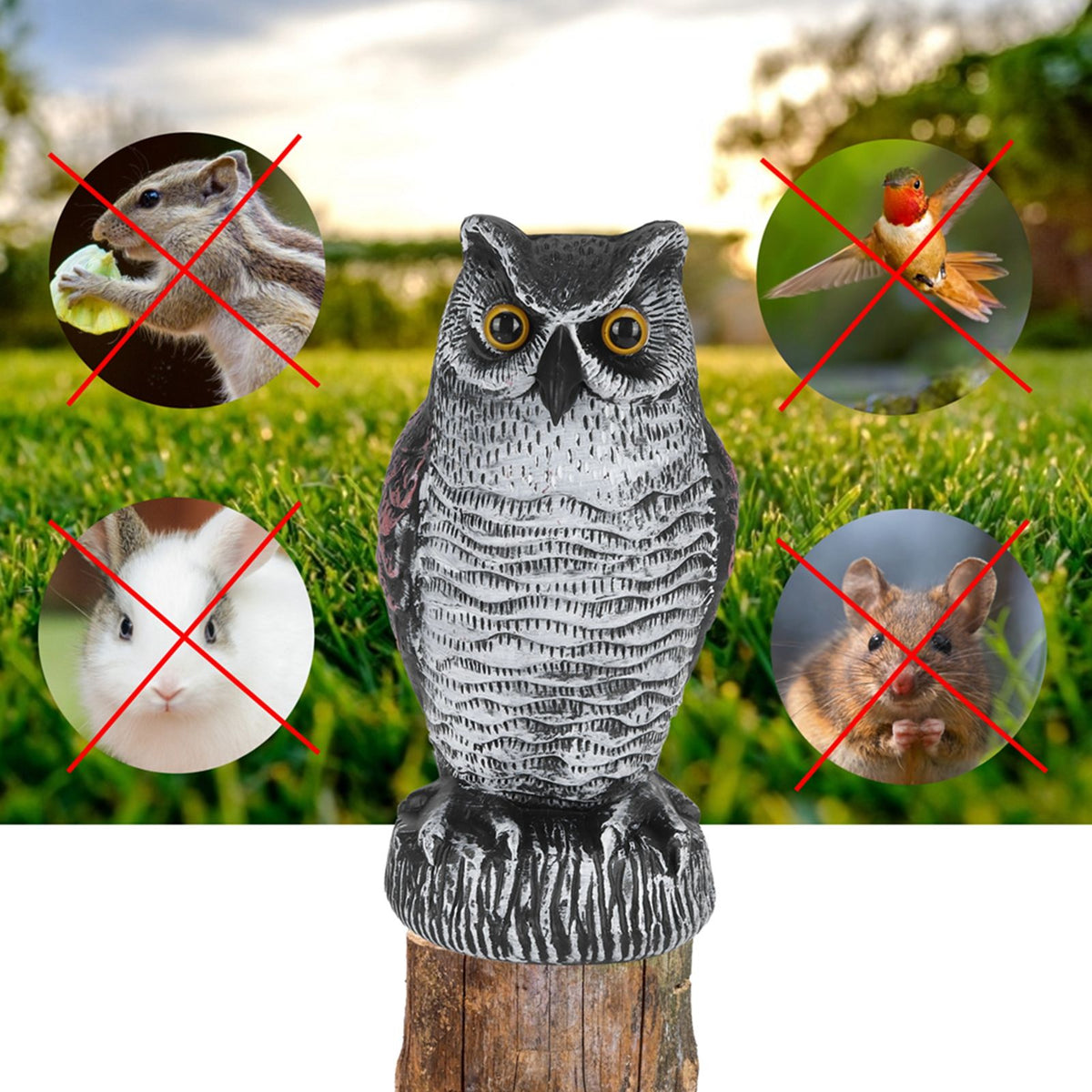 Plastic owl garden decoy statue for outdoor decoration and pest repellent, resembling a real owl to scare away pests.