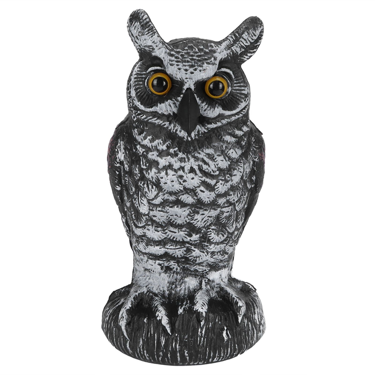 Plastic owl garden decoration and bird repeller, used as outdoor hunting decoy for garden pest control and outdoor decor.