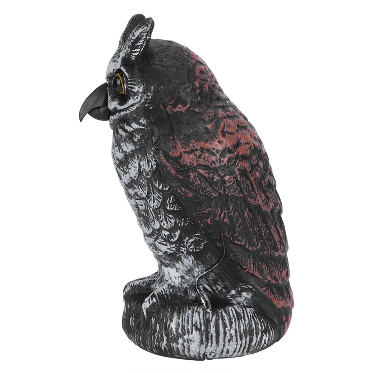 Plastic owl garden decoy with realistic features, used as outdoor hunting predator repeller for garden protection.