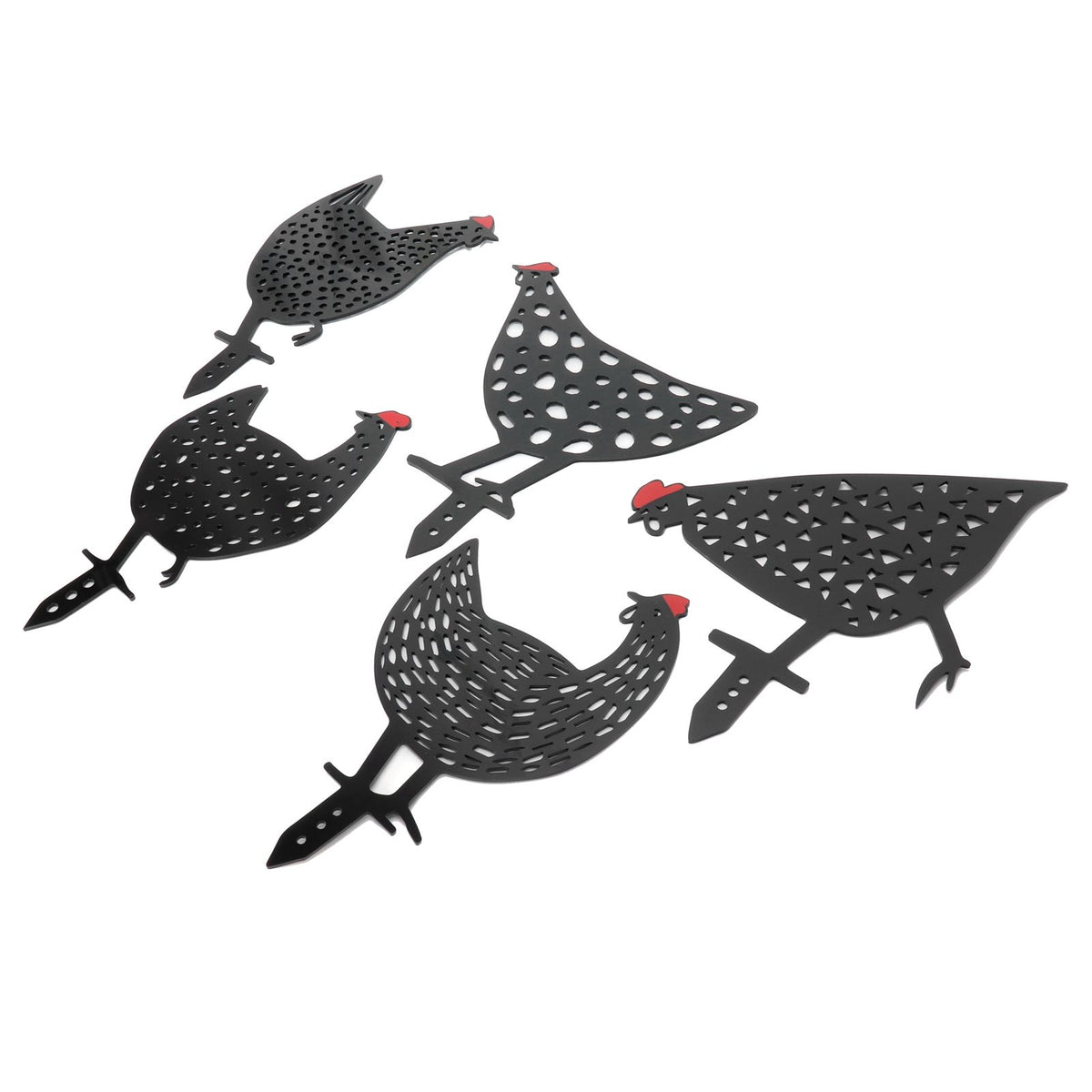Set of five black acrylic chicken stake statues with animal shapes, ideal for garden or yard outdoor decoration.
